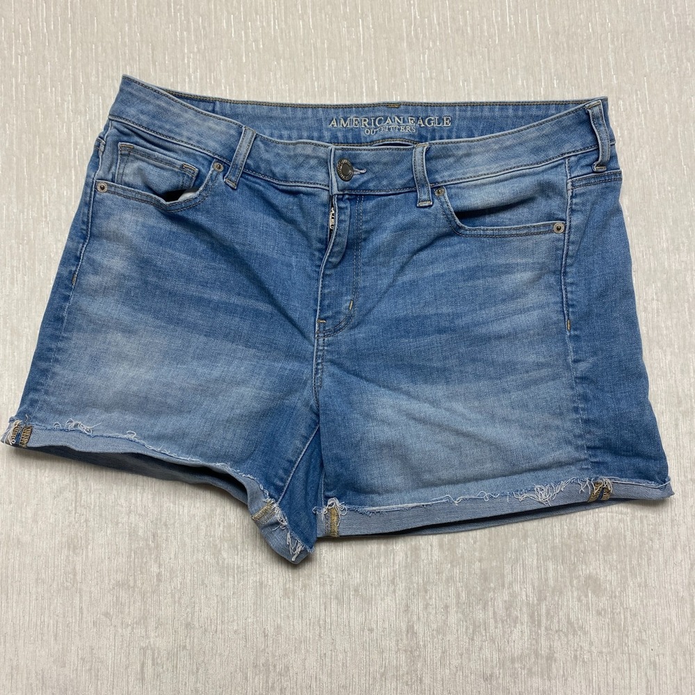 American Eagle Outfitters Super Stretch X Midi Shorts Womens 14 Blue Cuffed Hem
